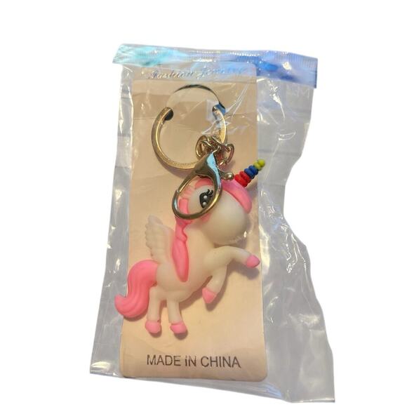 FASHION JEWELRY PINK AND WHITE UNICORN KEYCHAIN - Picture 1 of 1
